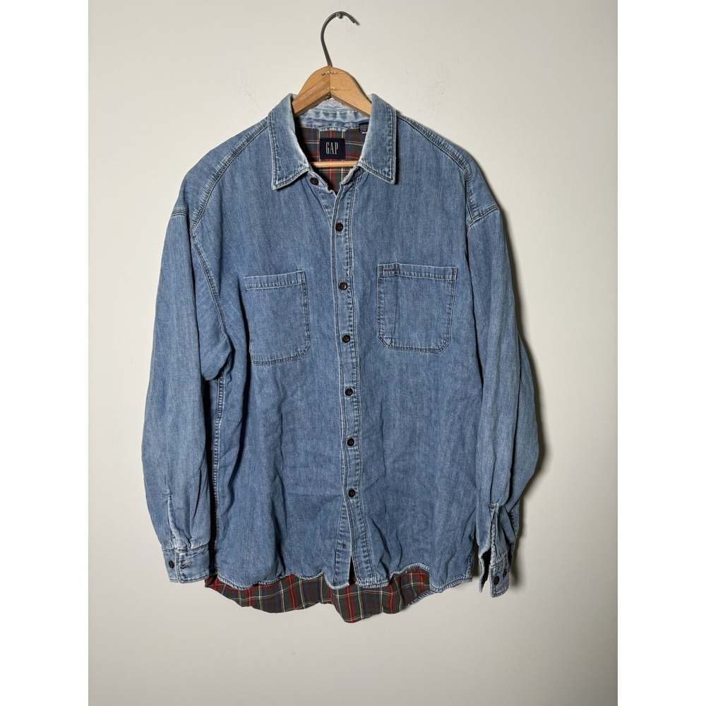 Vintage Gap Flannel Lined Denim Shirt Mens Large Blue Plaid Jean Button Up 90s